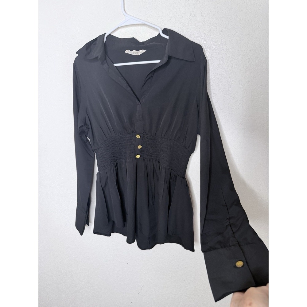 Black Smocked Waist Blouse Womens L Peplum Fairy‎ Grunge Office Siren